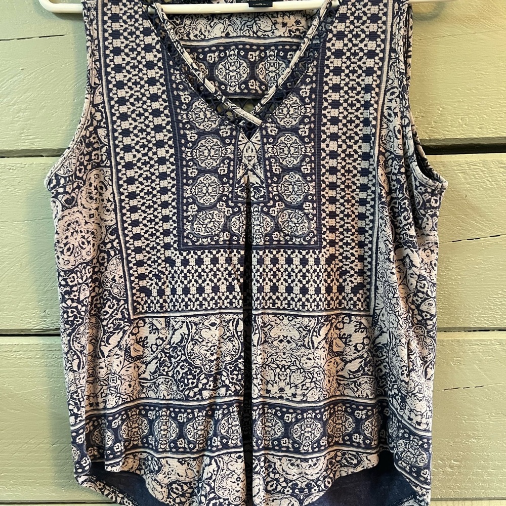 Lucky Brand Navy and White Patterned Blouse